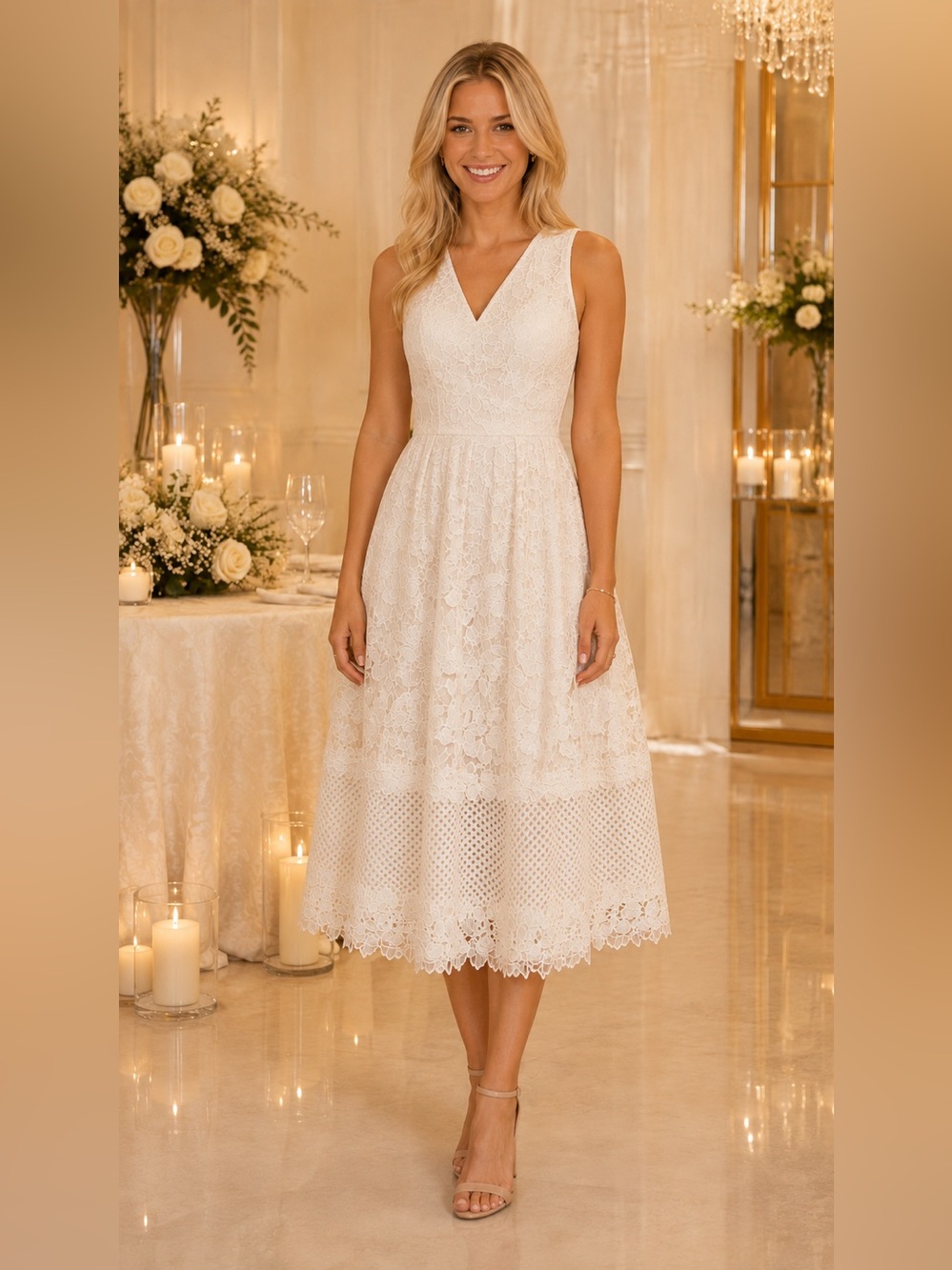 Ann Taylor White Floral Lace Eyelet Midi Dress Size 4